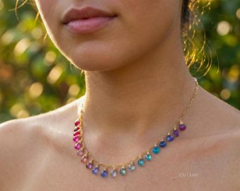 - Solid Gold 14K Rainbow Multi Gemstone Necklace, Precious Drop Necklace